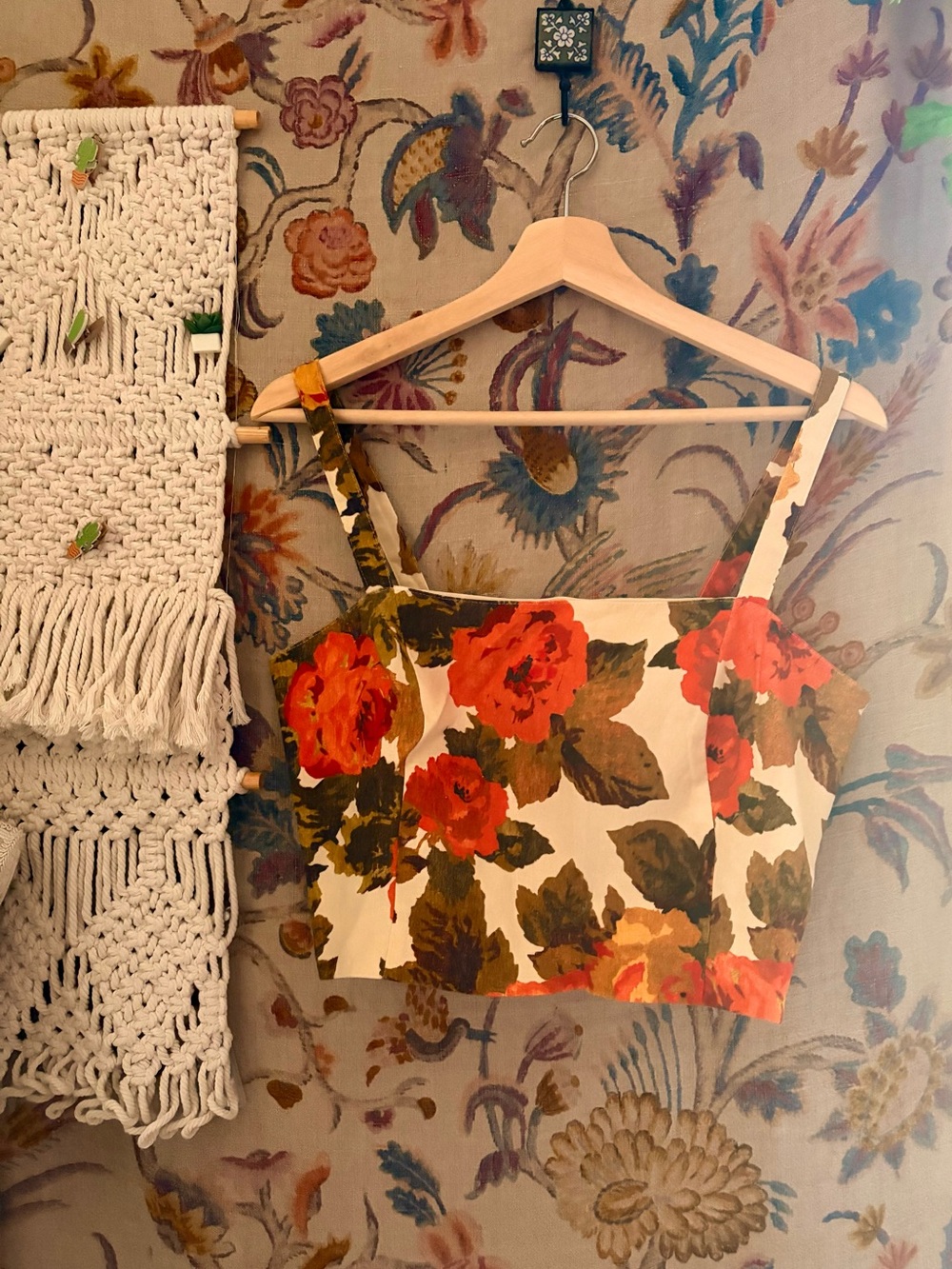 Sezane Floral 2 Piece Crop Top and Skirt- Red, Olive & Cream